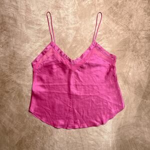 Vintage 80s Victoria's Secret Pink Satin Cami Tank Top Sheer Mesh Women's M Silk